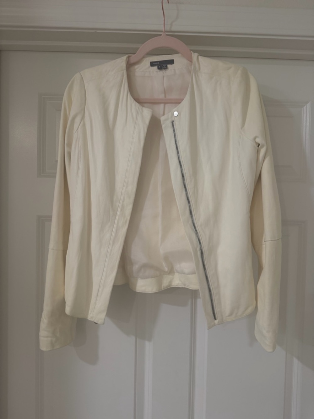 Vince Full Zip Collarless 100% Genuine Leather Jacket in Buttercream
